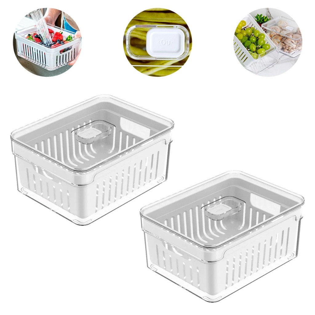 Kit 2 Organizadores de Geladeira de Acrílico 2,2 Litros com Tampa e Cesto de Drenagem