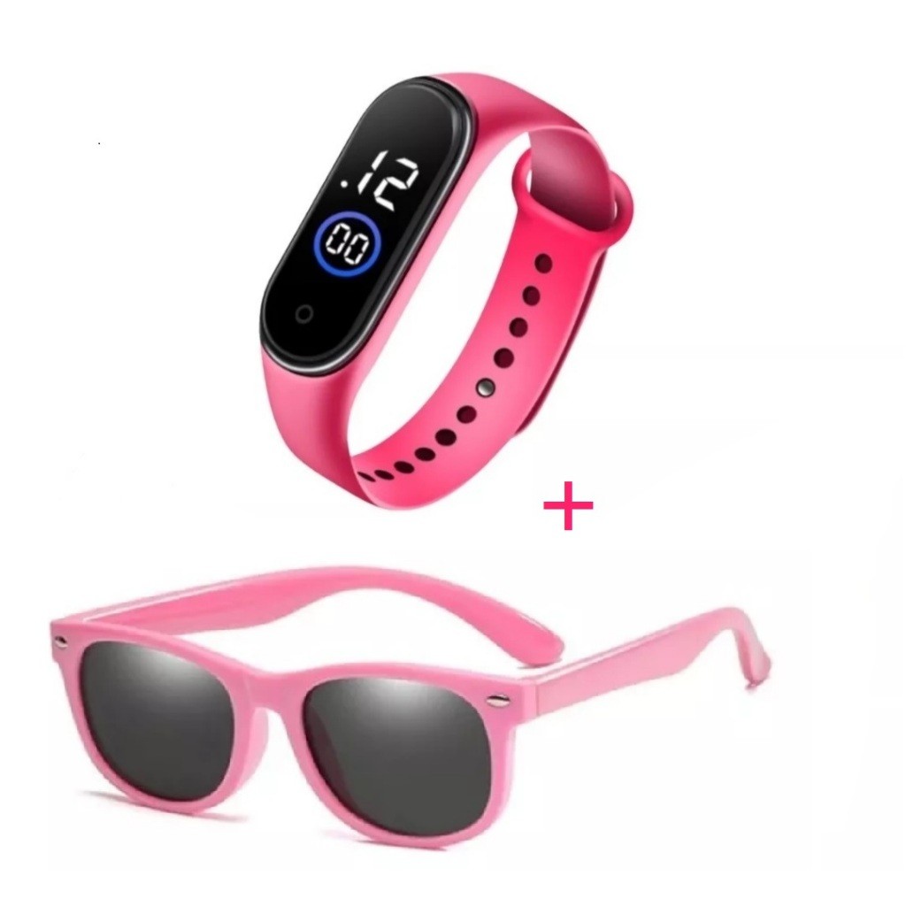 Relógio De Led Digital Menina + Kit Infantil Óculos Para Presente de Sol Proteção UV