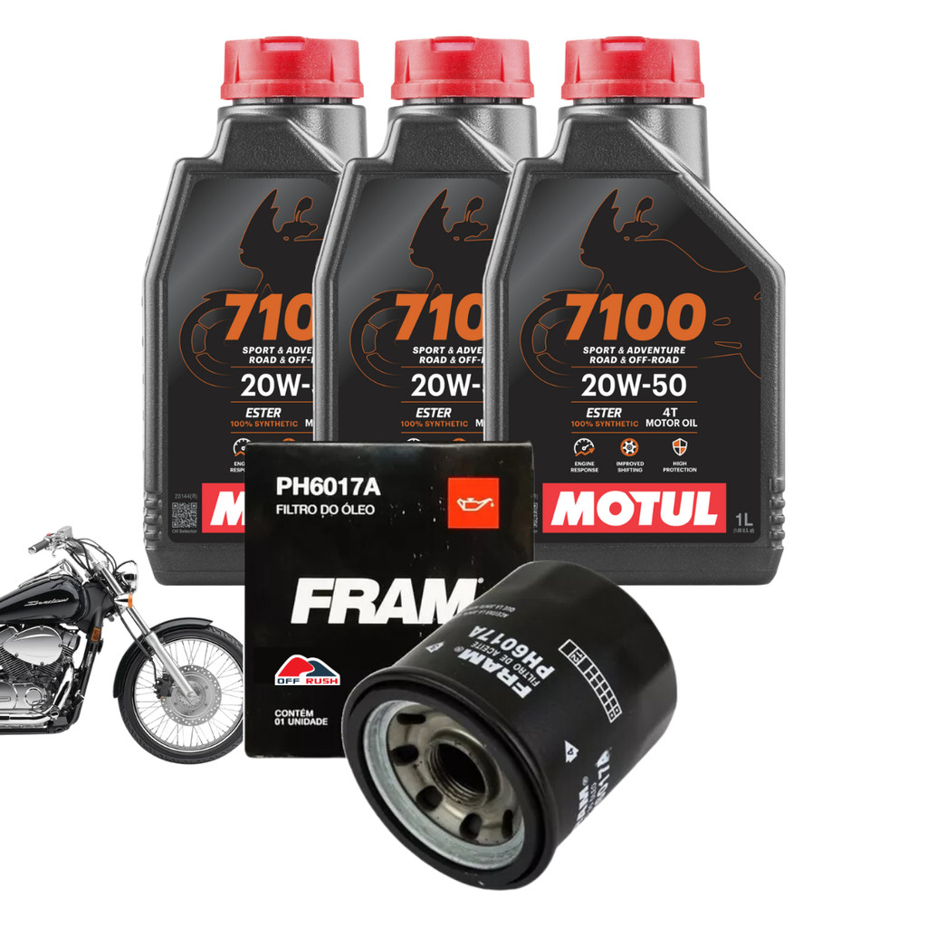Kit Troca de Óleo Motor 3 Litros Motul 7100 20W50 Sintético + Filtro Fram Ph6017a Honda Shadow 600 750