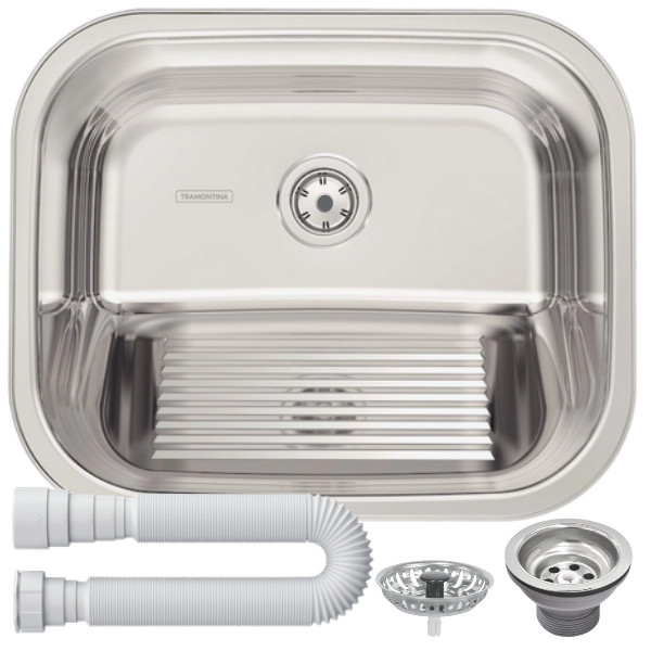 Tanque Inox Polido Brilho 50X40 Tramontina 34L Lavanderia Pia Lavar Roupa Com Sifão Válvula Original