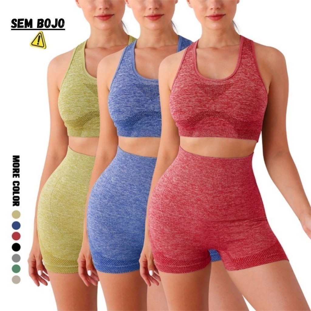 Conjunto Academia Fitness Feminino Leggings 1 Top 1 Shorts Levanta Bumbum Sem Costura E Bojo