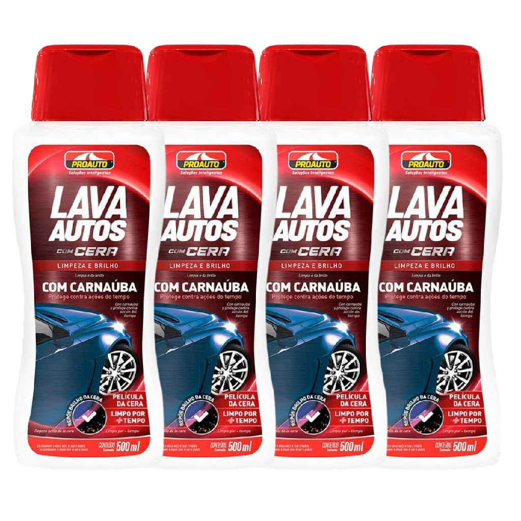 Kit C/ 4  Shampoo Lava Autos C/ Cera Brilho total Proauto 500ML em Oferta na Shopee