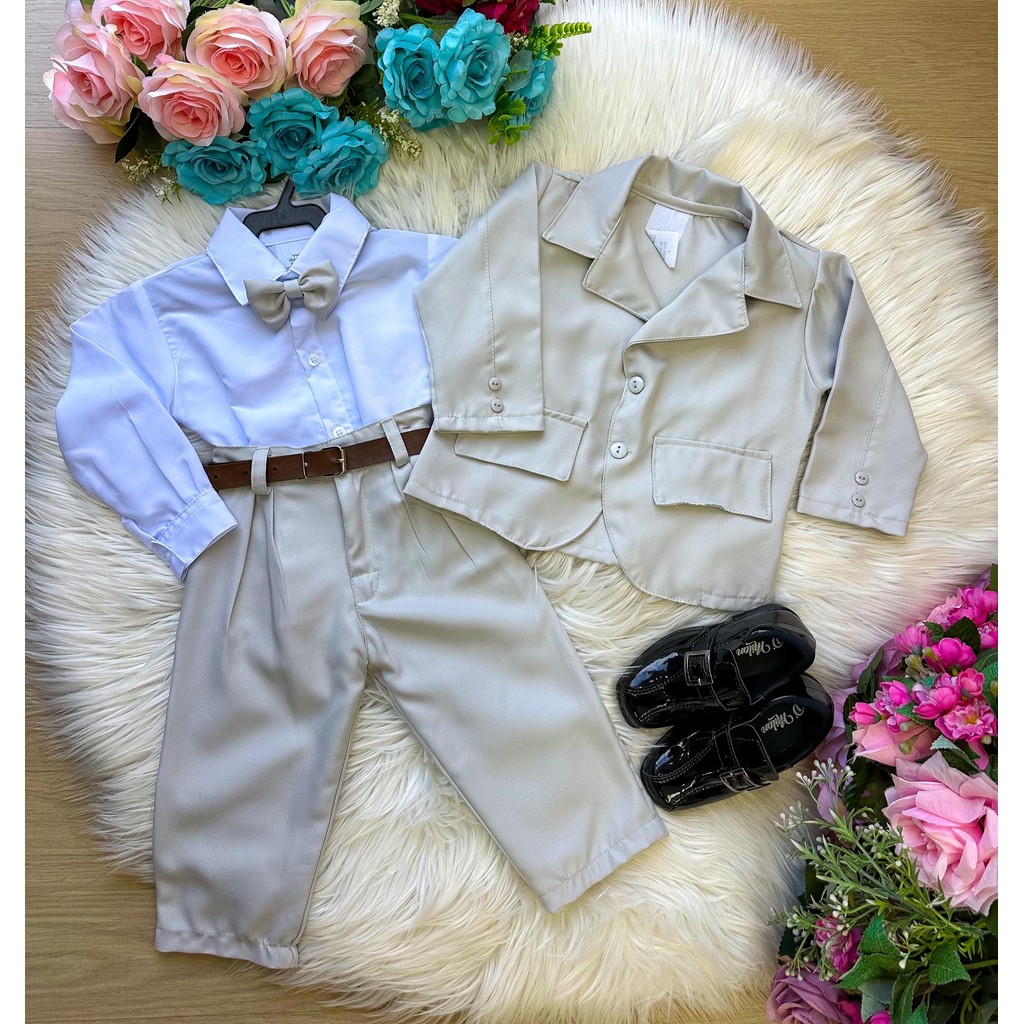 Terno Conjunto Infantil Social Casamento Menino Kit 5 Peças Paletó Calça Camisa Gravata Cinto Conjunto Cinza Claro Bege
