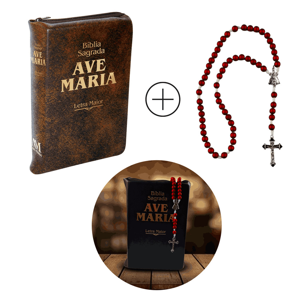 Kit Bíblia Católica Terço Nossa Senhora Aparecida Sagrada Ave-Maria Capa Marrom Letra Maior em Oferta na Shopee