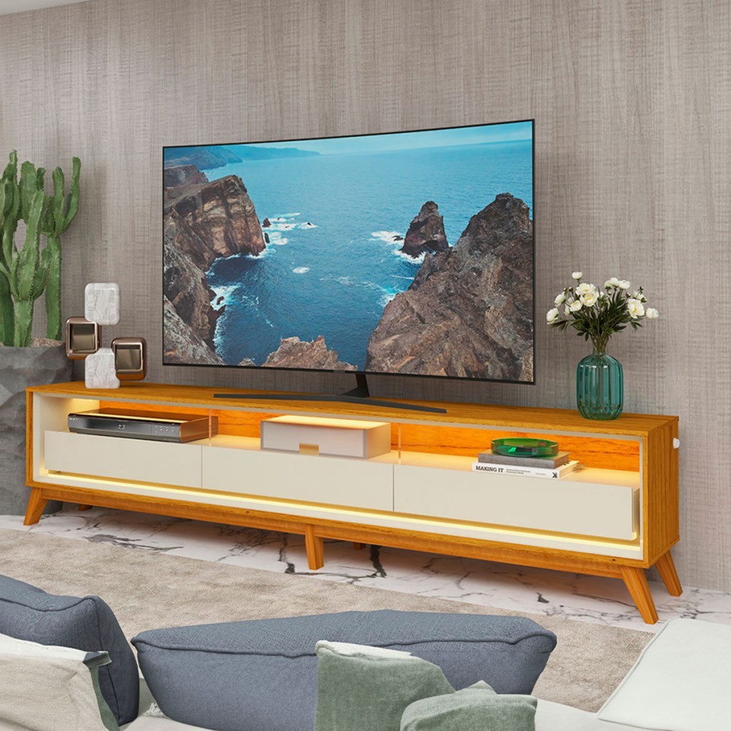 Rack para TV Até 85 Polegadas Requinte 3 Gavetas 100% Mdf com Led Naturale/Off White - Gelius - Home & Living