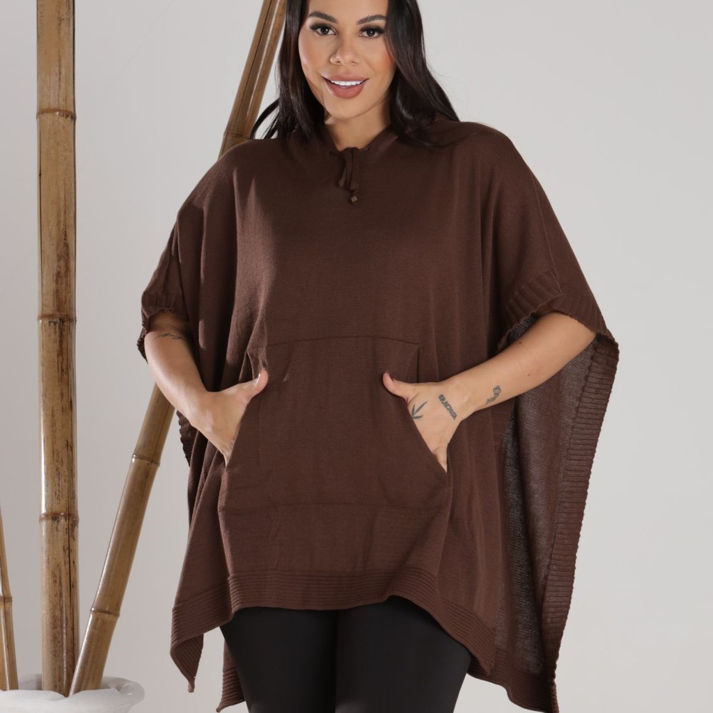 Casaco com Touca Tricô Inverno Feminino Kimono Poncho Lindo