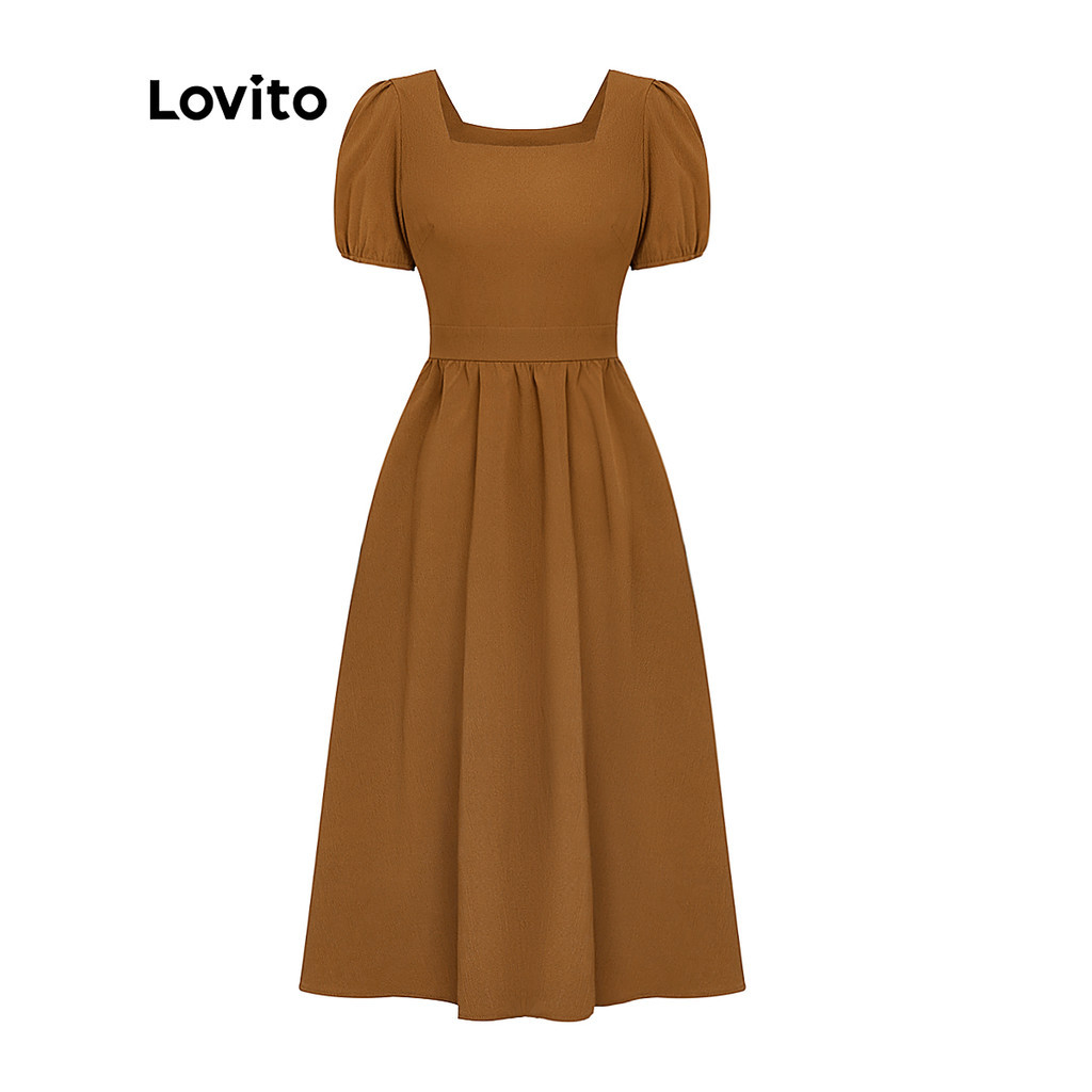 Lovito Vestido Casual Liso Com Gola Quadrada E Manga Bufante Para Mulheres L37ED023 (Marrom)