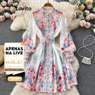 (LIVE STREAM SALE) Lovito Vestido elegante floral com cinto e botão para mulheres LNL72463 em Oferta na Shopee