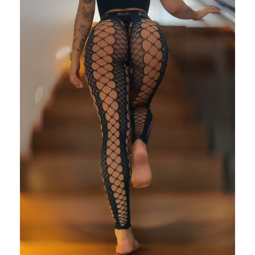 Mulheres Sexy Fishnet Meias Peito Envoltório Define Clube Meia-Calça De Cintura Alta Preto Buraco Renda Ternos 2 Peças