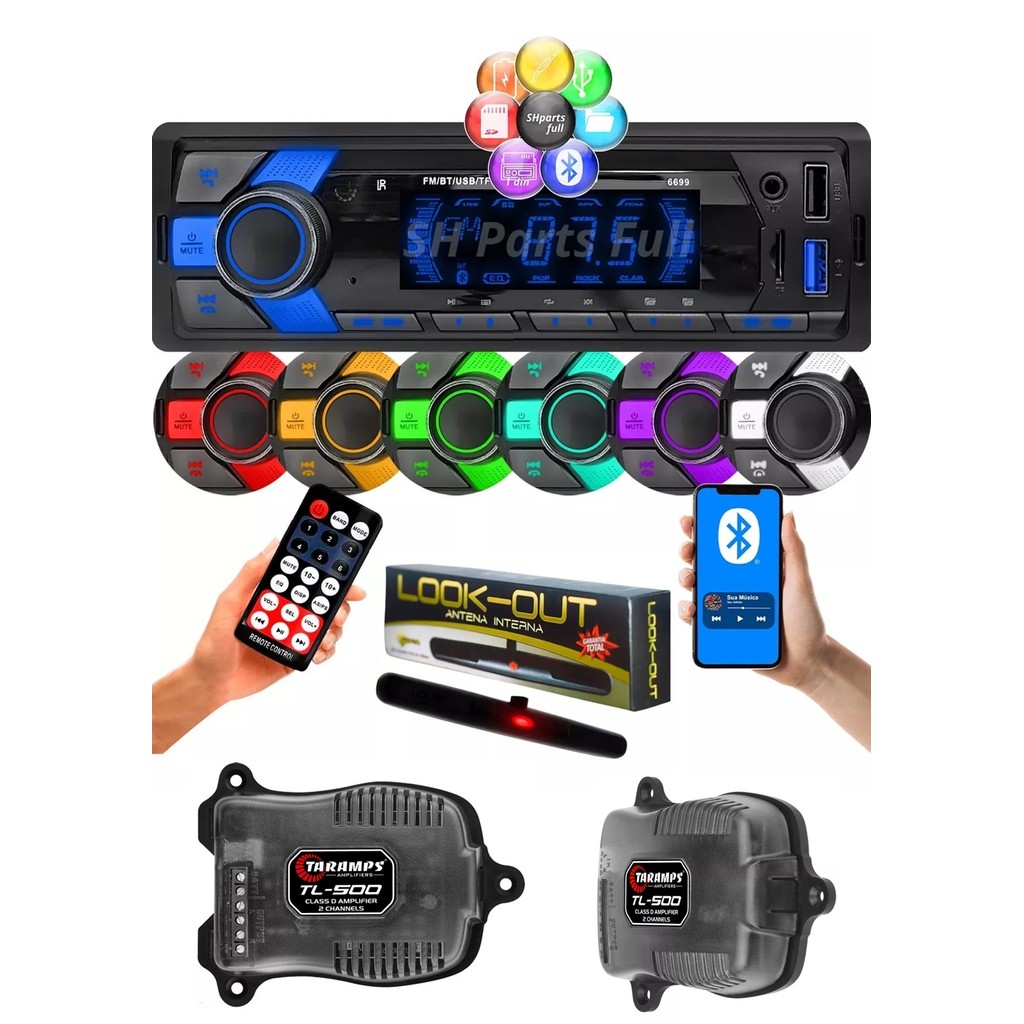 Rádio Mp3 Bluetooth 7 Cores 200w Modulo Taramps Tl500 Antena