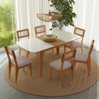Conjunto Sala de Jantar Mesa Lisboa Extensível com 6 Cadeiras Tela Sintética Freijó/Off White/ Bege Claro Rústico em Oferta na Shopee