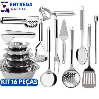 Kit Cozinha Enxoval 16 Utencilios Inox com Tigelas Bowl Inox Jogo Utensílios de Cozinha Luxo em Oferta na Shopee