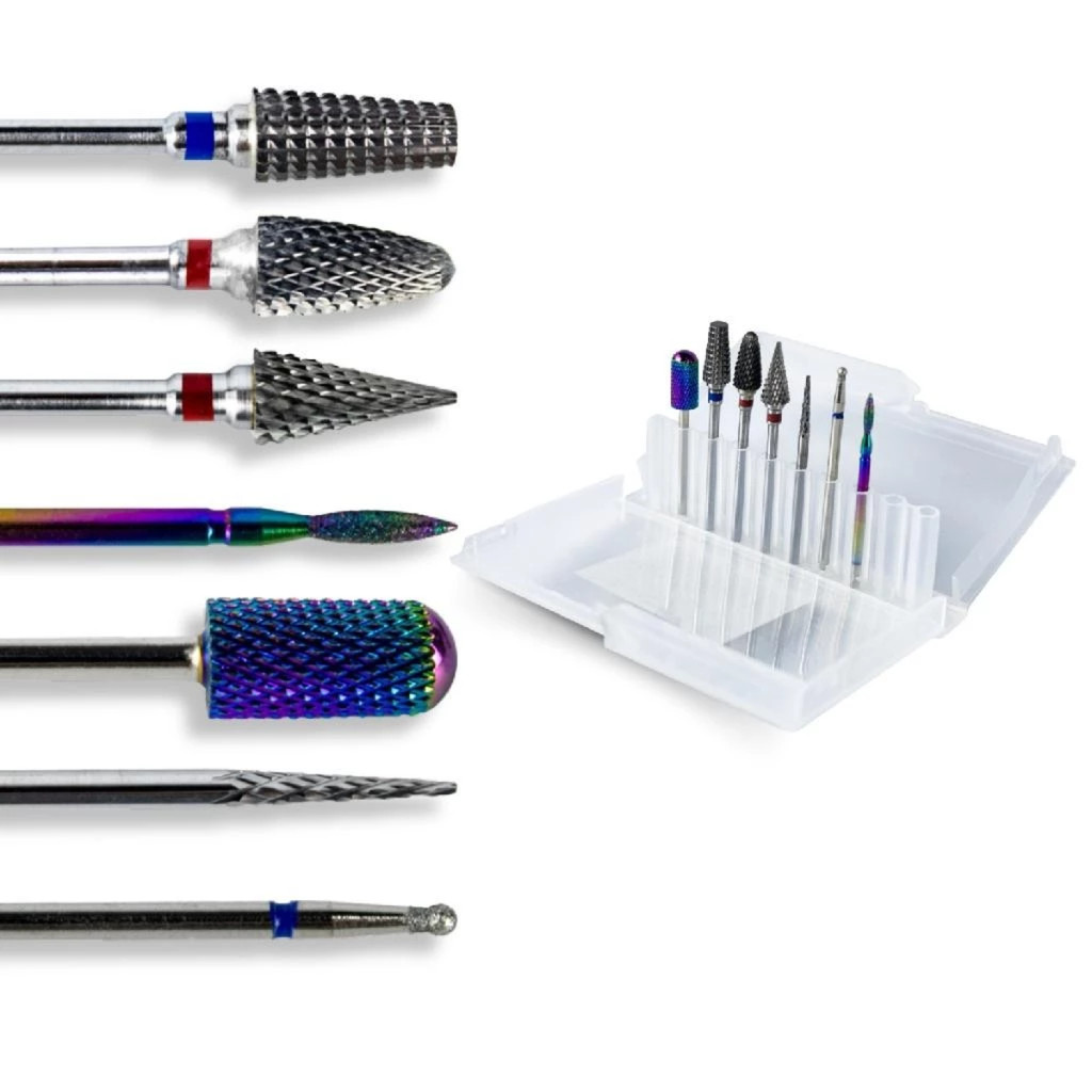 Kit 7 Brocas Tungstênio Diamantada + Caixa Suporte Broca Unhas Gel Fibra Alongamento Lixa Manicure em Oferta na Shopee