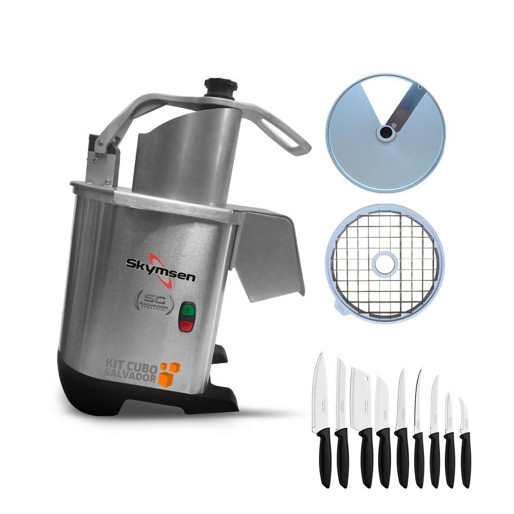 Processador de Alimentos Corte Fatias 14mm e Cubos 20mm PA7 PRO Bivolt Skymsen e Jogo de Facas 9 Peças