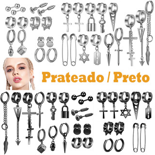 28x brincos de argola de aço inoxidável para homens, mulheres, brincos de estilo gótico - Preto / Prateado em Oferta na Shopee