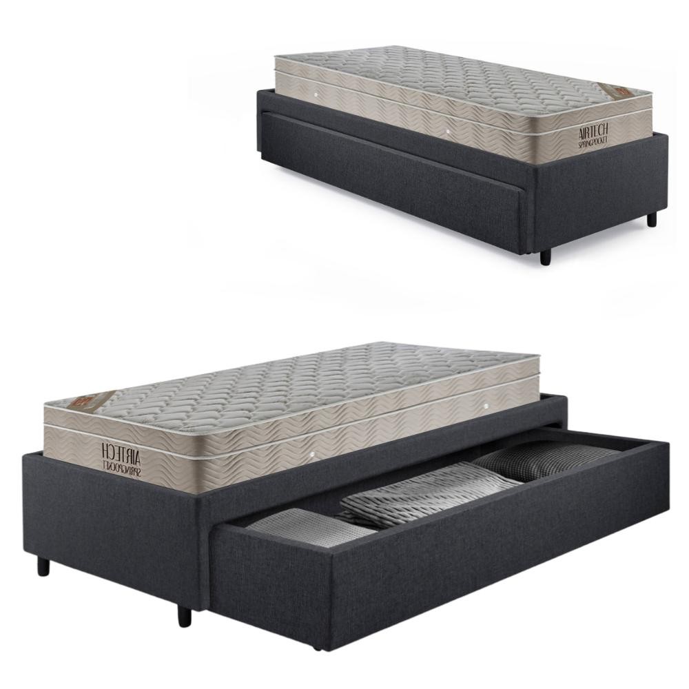 Cama Solteirão Sapateira Linho Cinza e Colchão Airtech Ortobom 96x203