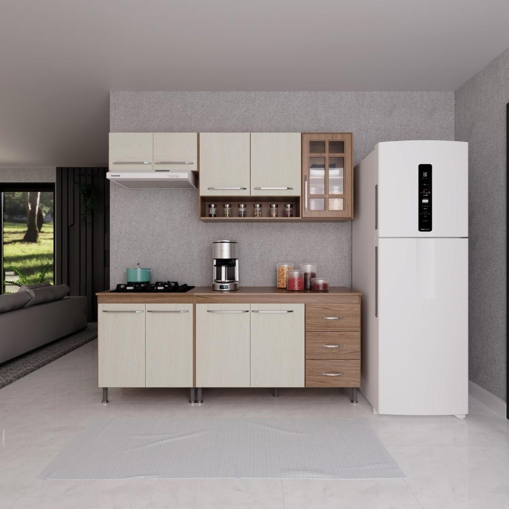 Cozinha Modulada Compacta Fidelitá Paris 4 Peças 190cm 9 Portas 3 Gavetas Com Tampo Nogal/Salinas - Home & Living
