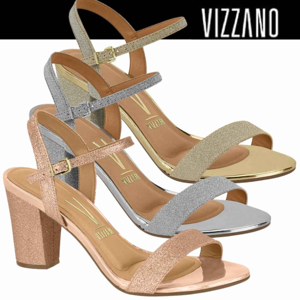 Sandália Feminina Vizzano Salto Alto Bloco Arredondado Grosso Glitter Festa