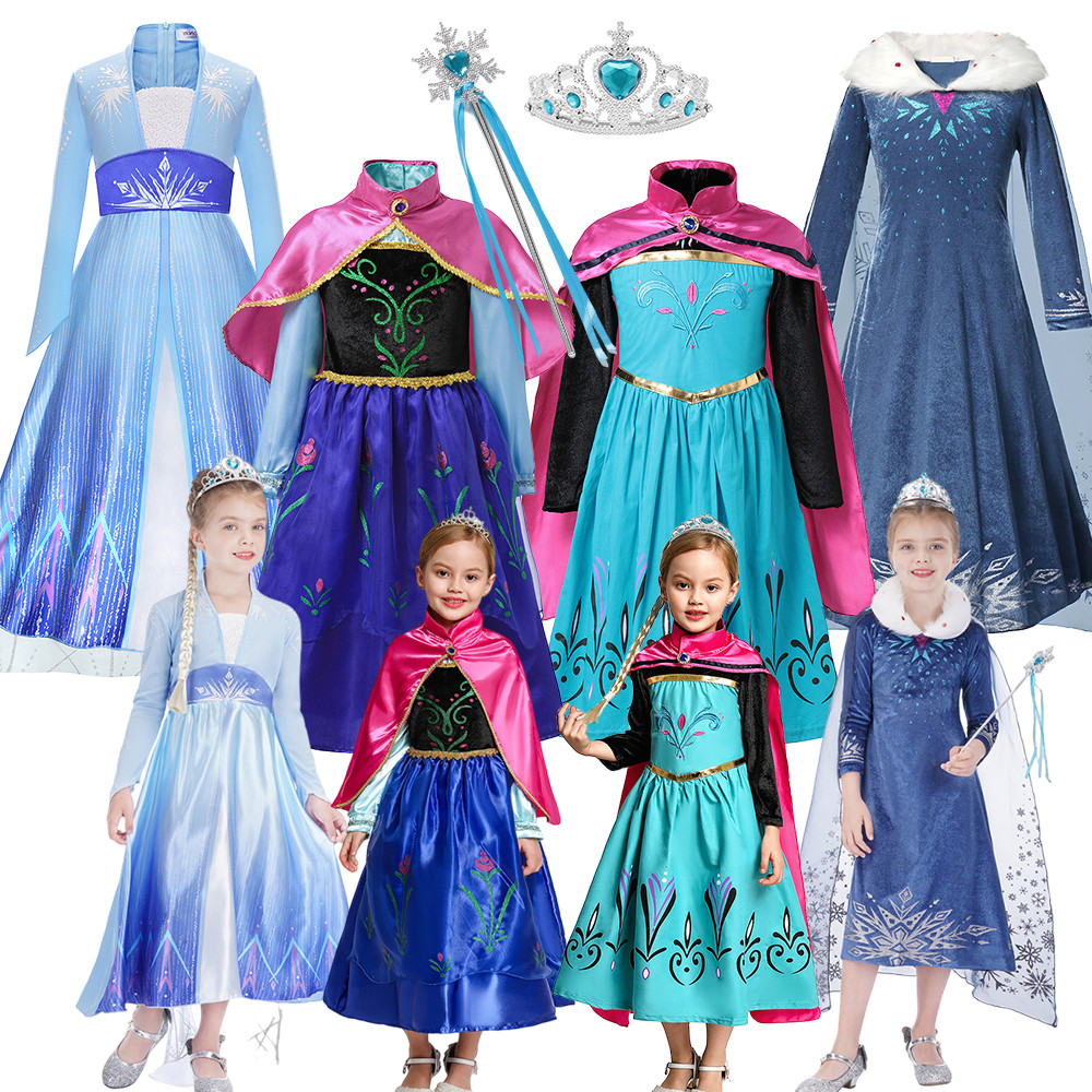 Meninas Elsa Anna Vestido De Princesa Cosplay Traje Das Crianças Carnaval Festa Roupa Menina Com Coroa Varinha Conjunto