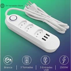 Filtro De Linha Extensão Régua 3 Tomadas 3 Usb Bivolt 2 metros Fio Branco