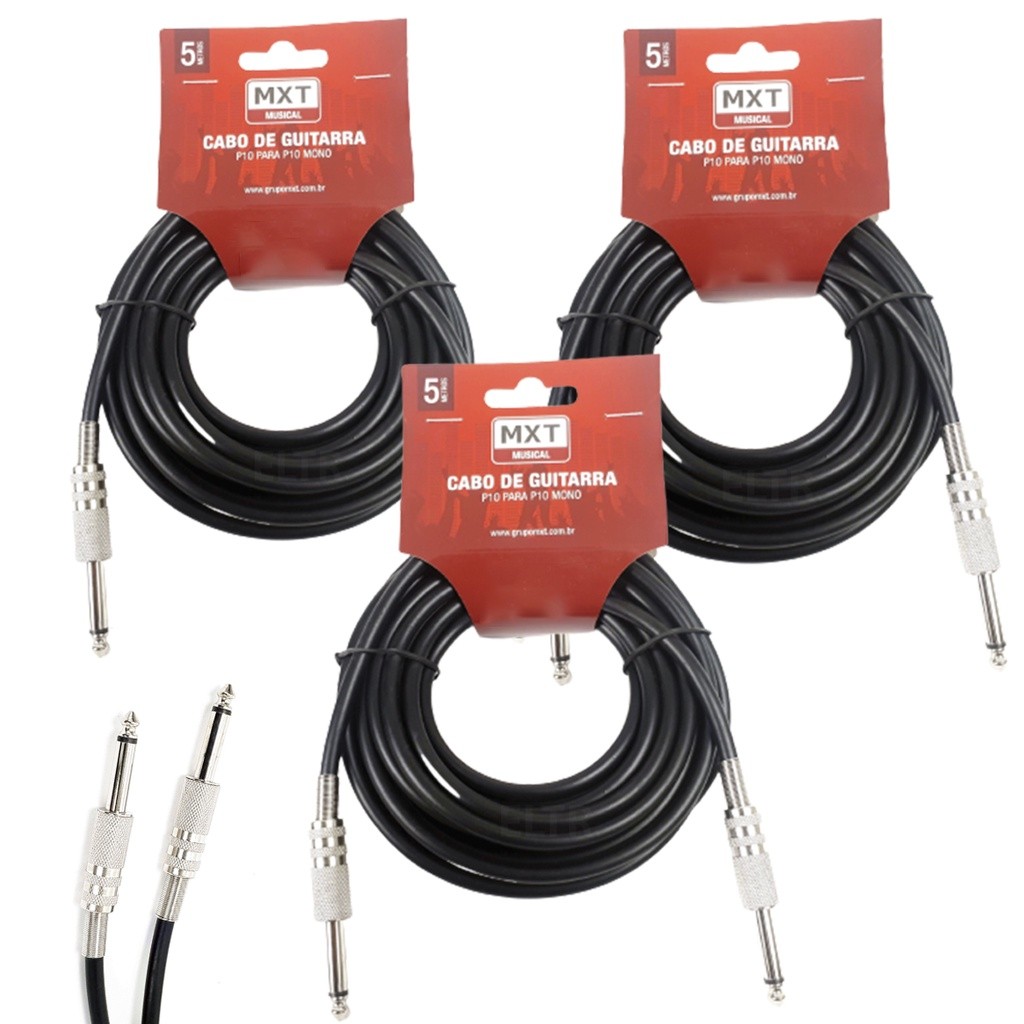 Kit 3 Cabo P10 P10 Mono Guitarra Violão Baixo Cavaquinho Caixa Som Amplificador 5m Metros mxt