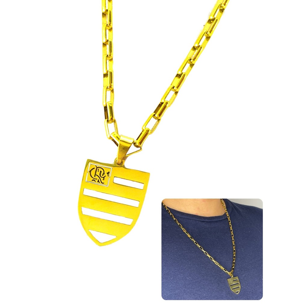 Cordão Tijolinho 60cm Pingente Flamengo Vazado Dourado Aço Inox
