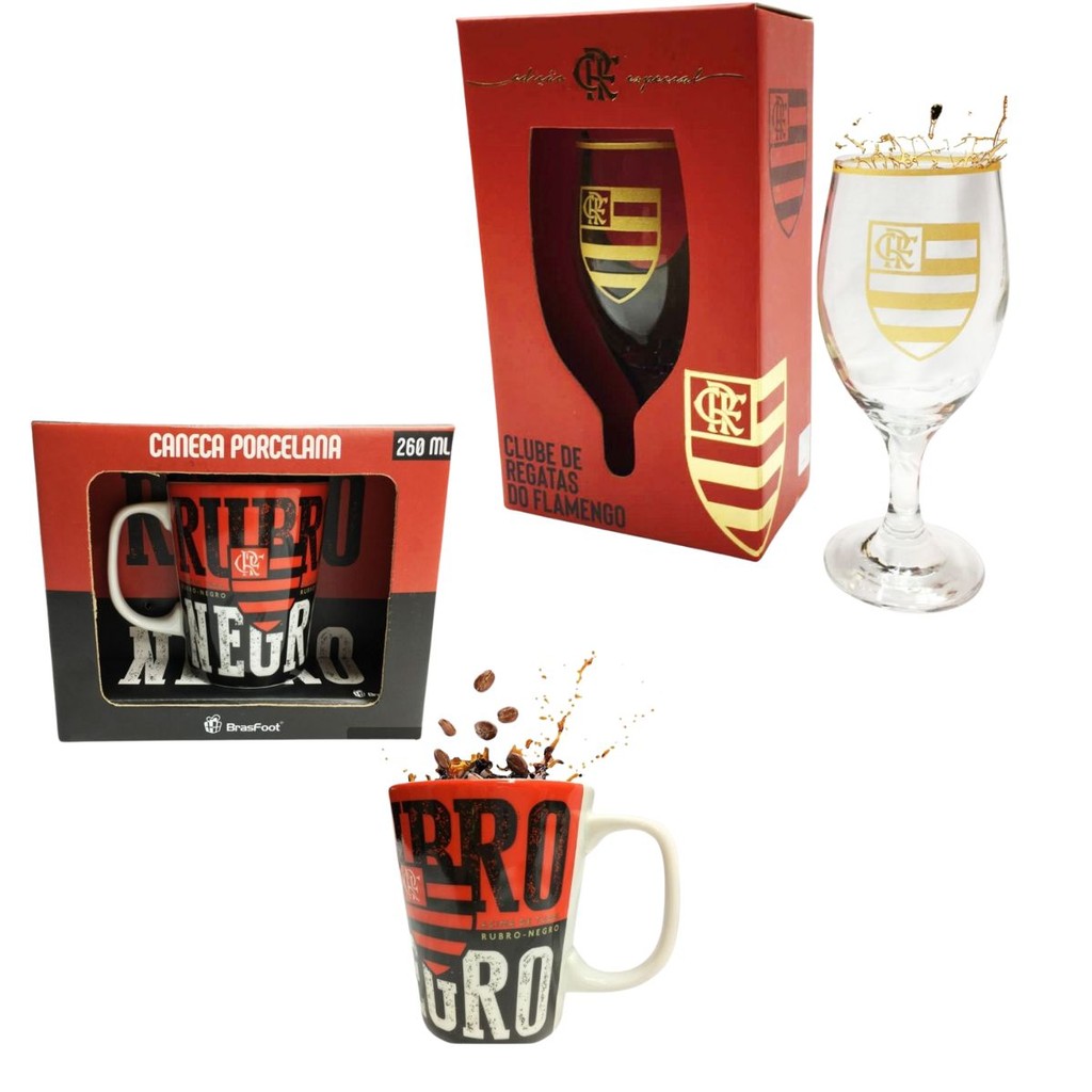 Kit 1 Caneca Café Porcelana 260ml +1 Taça Windsor 330ml Vinho Cerveja Série Ouro Flamengo
