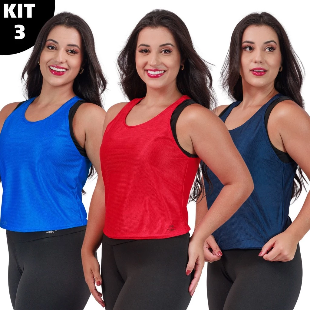 Kit com 3 Camisetas Regata Dry Fit Feminina Academia Esportiva — imagem 1