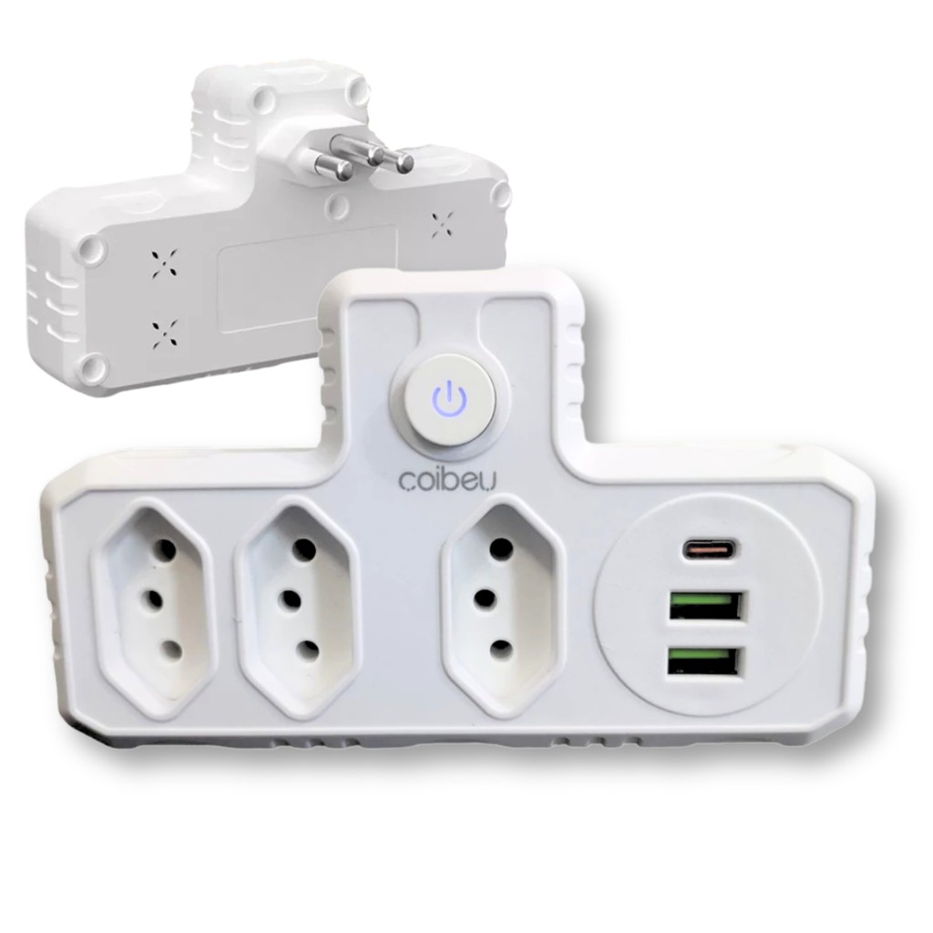 Adaptador de Tomada Profissional 3 Tomadas 2 Interface USB 1 Porta USB Type-C Branco 2500W 10A