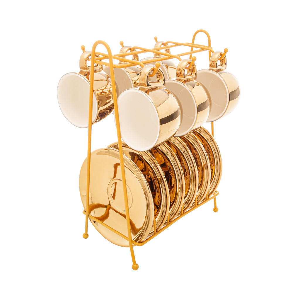 Conjunto 6 xícaras café Porcelana + Pires e Suporte Versa Branco/Dourado 90ml Wolff