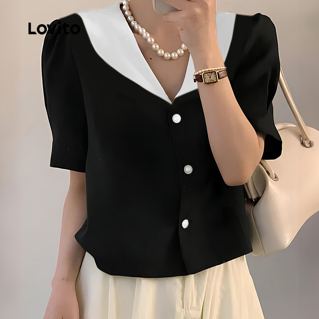 Detalhes do Lovito Blusa Feminina Casual Frente Costura Tecido Botão Simples L131LD1204