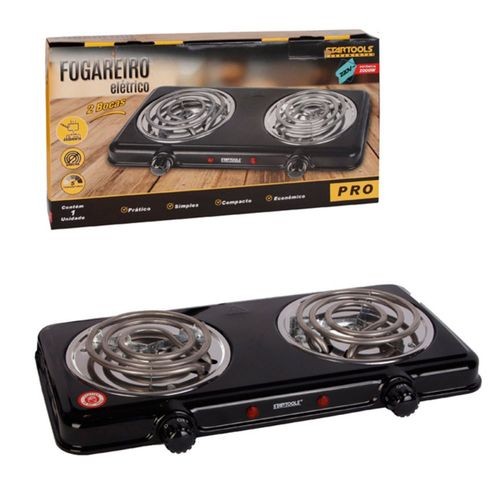Fogareiro Eletrico Portatil 2 Bocas 220V Preto Compacto Portatil Rapido Cozinha Pratico Alta Eficiencia