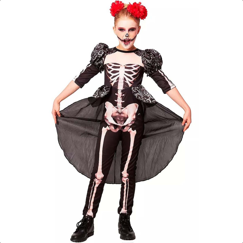 Fantasia Infantil de Halloween pra Meninas Caveira Mexicana Rainha Esqueleta de Luxo com Cauda em Oferta na Shopee