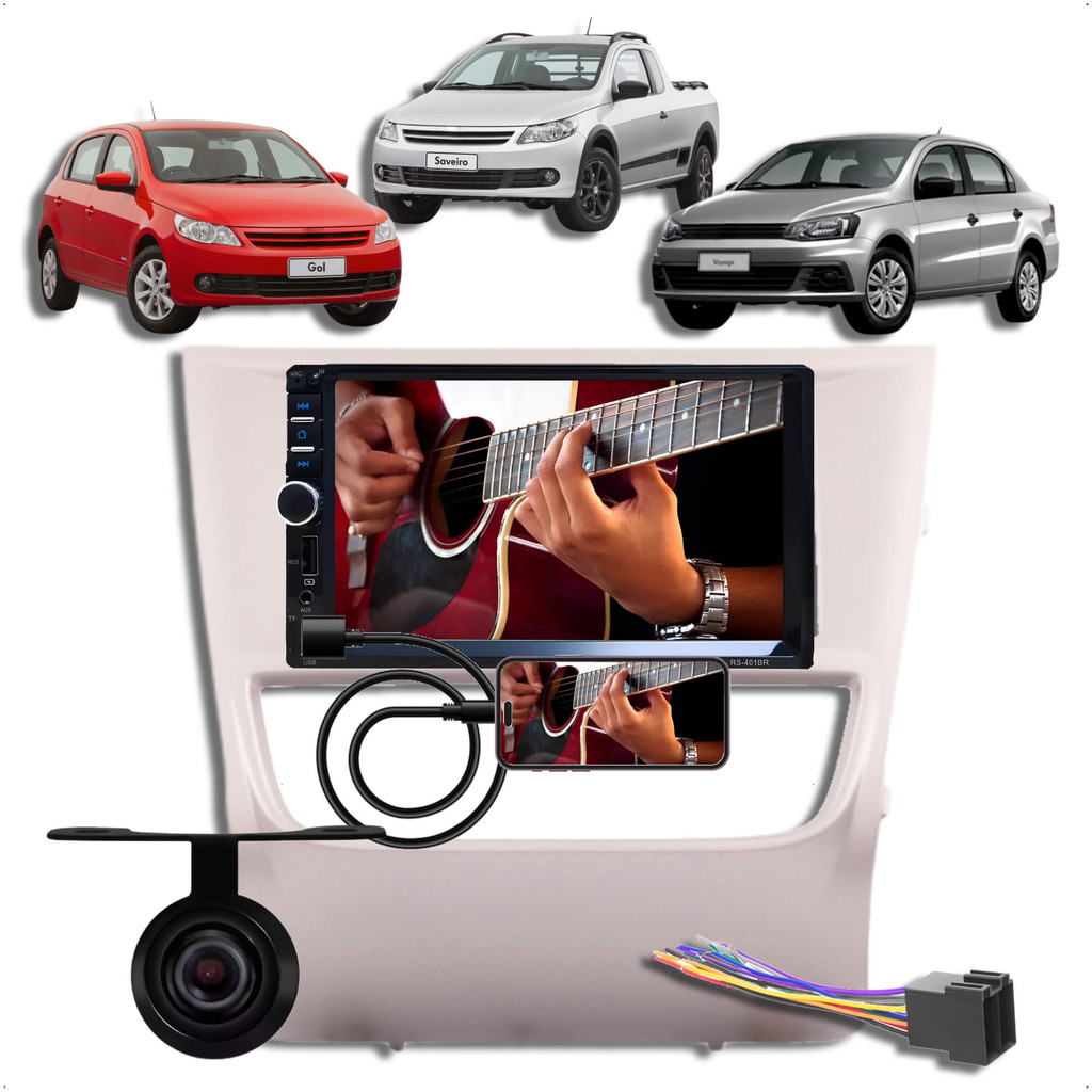 Kit Multimídia 2 DIN MP5 Roadstar 7 Pol Full Touch + Moldura Gol/Voyage/Saveiro G6 + Chicote Câm ré