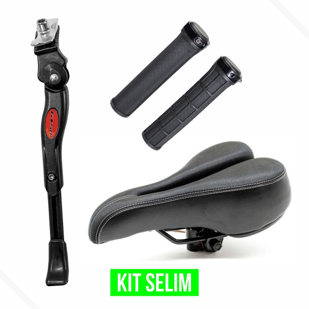 Kit Banco Selim MTB Vazado GTS + Manopla C/ Trava GTS + Descanso Lateral 29 GTS