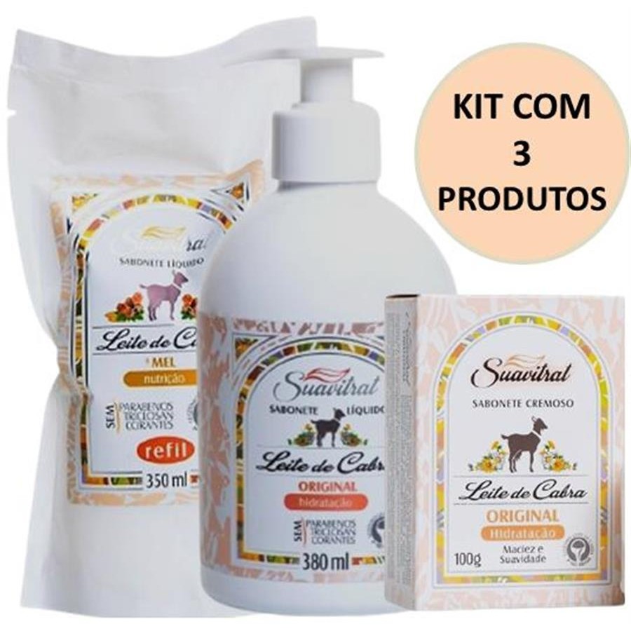 Kit Sabonete Leite De Cabras Com Valvula Pump + Refil + Sabonette Em Barras Suavitrat