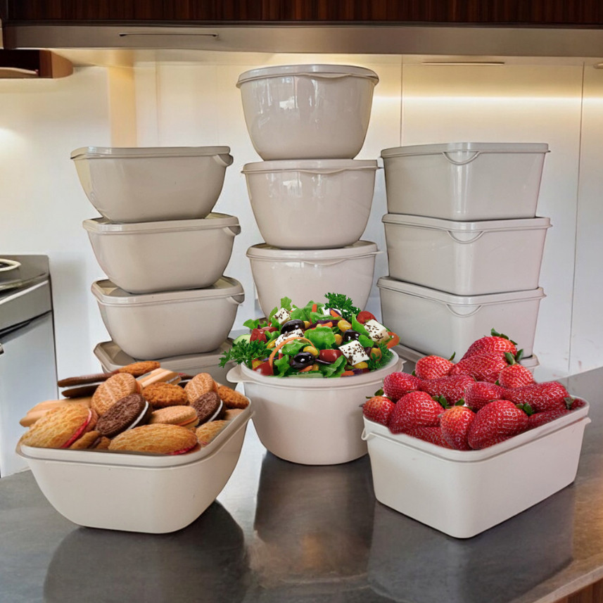 Kit 12 Potes Vasilhas de Plástico com tampa - Formatos Variados de 1 Litro - Cor NUDE em Oferta na Shopee