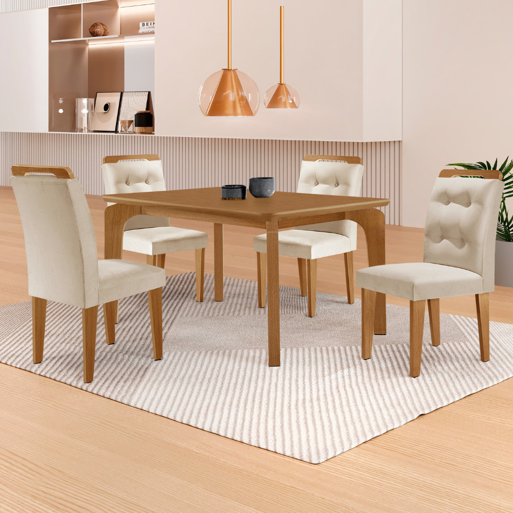 Mesa de Jantar Liz 120cm MDF Canto copo e com 4 Cadeiras Carol - Home & Living