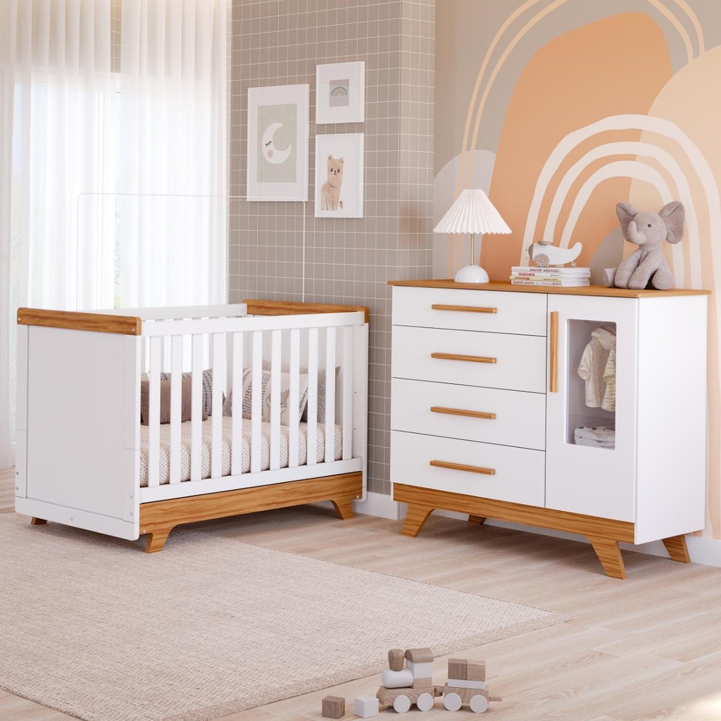 Quarto Bebê Retrô Janelado Completo Berço Americano 2 Em 1 Cômoda 4 Gavetas 1 Porta 100% MDF Faura