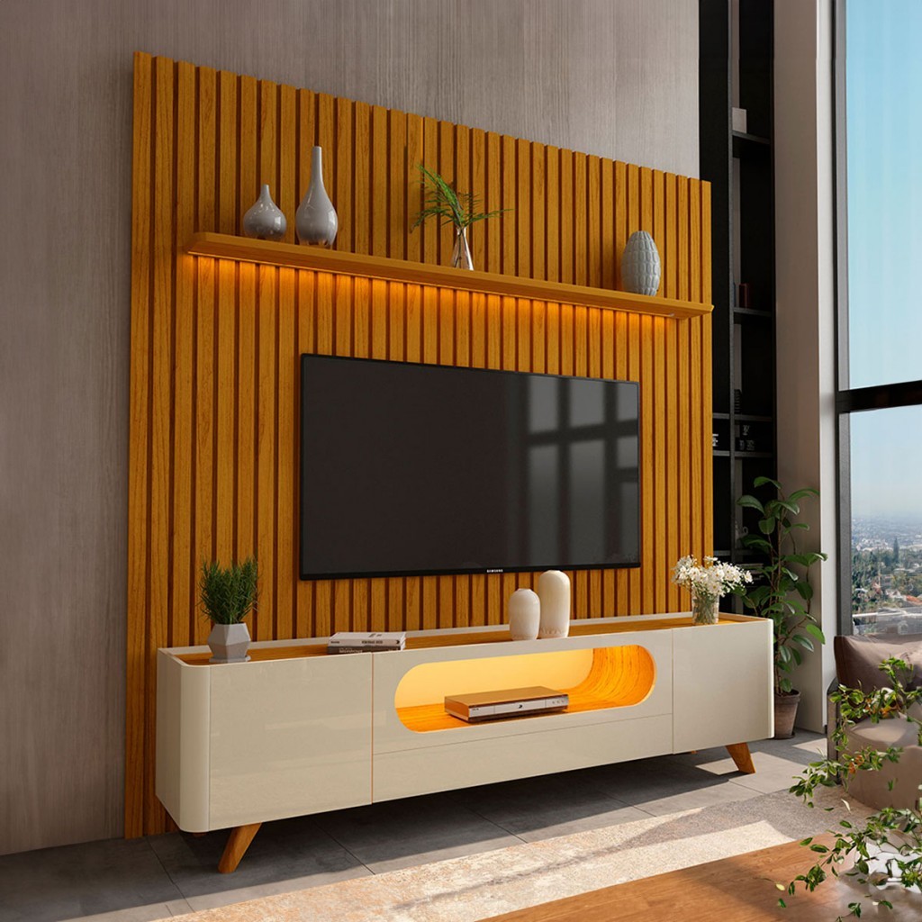 Rack com Painel para TV Até 85 Polegadas Nobre 2 Portas Ripado 100% Mdf com Led em Oferta na Shopee