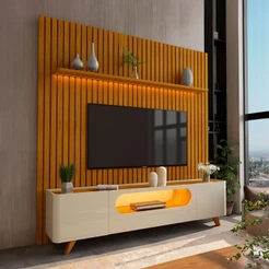 Rack com Painel para TV Até 85 Polegadas Nobre 2 Portas Ripado 100% Mdf com Led