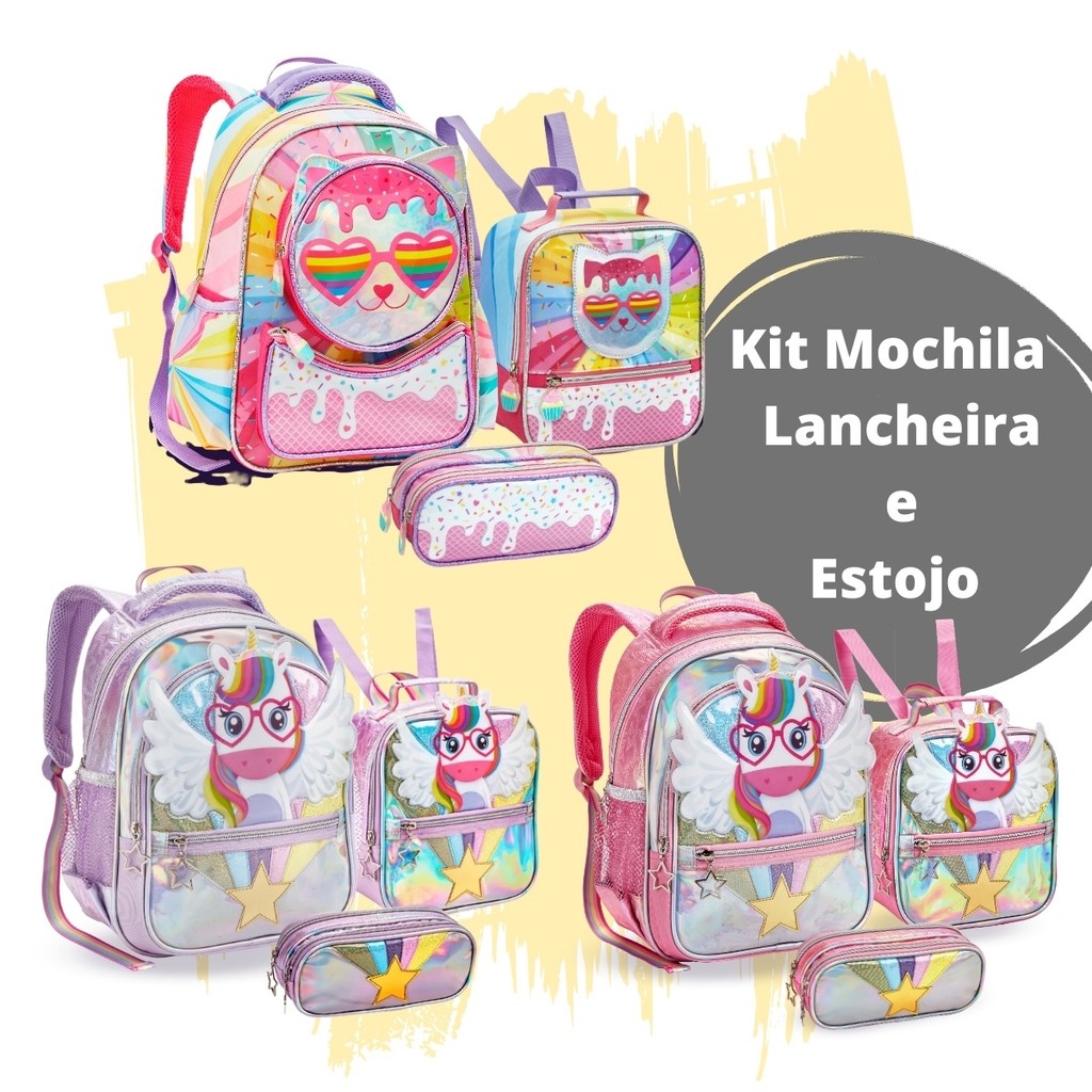 Kit Mochila Escolar Infantil Menina 3 Divisórias Gatinha Unicórnio Com Lancheira e Estojo