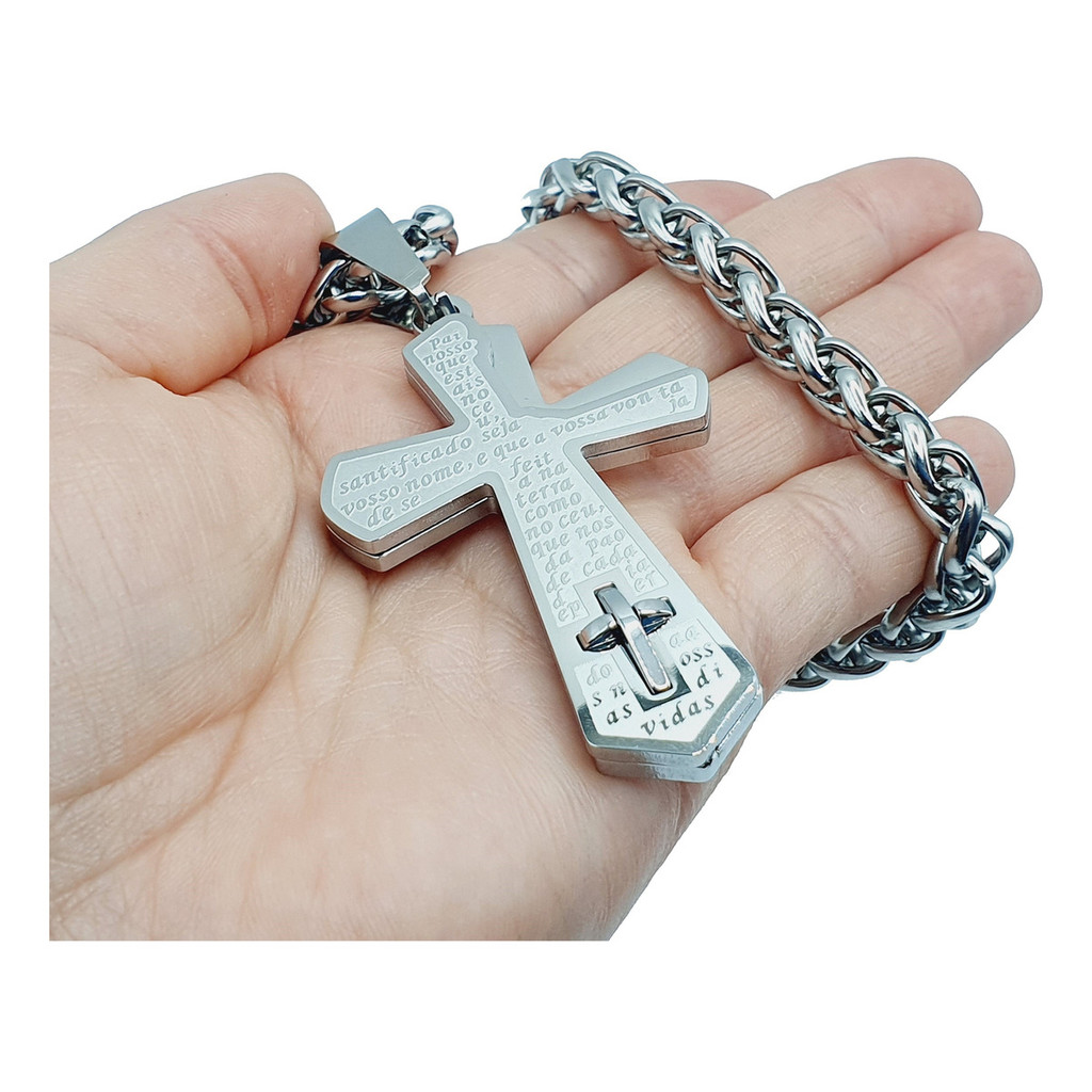 Cordão Grosso Crucifixo Grande Masculino Prateado Aço 60Cm