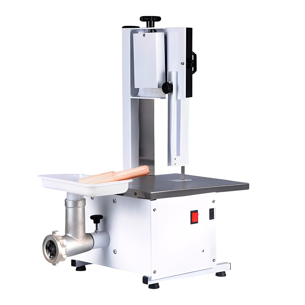 serra fita com moedor de carne elétrico máquina de cortar carne açougue potente 1/3 CV lâmina 1,46 m branco