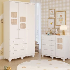 Quarto de Bebê Completo Guarda Roupas 3 Portas Cômoda 1 Porta 4 Gavetas 100% MDF Telinha
