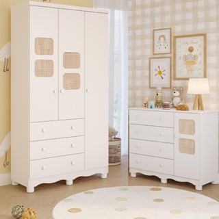 Quarto de Bebê Completo Guarda Roupas 3 Portas Cômoda 1 Porta 4 Gavetas 100% MDF Telinha em Oferta na Shopee
