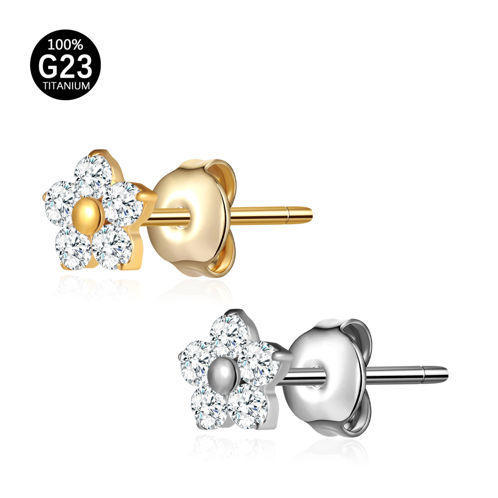 Brinco Titânio Elegante Flor Zircônia Cravejada