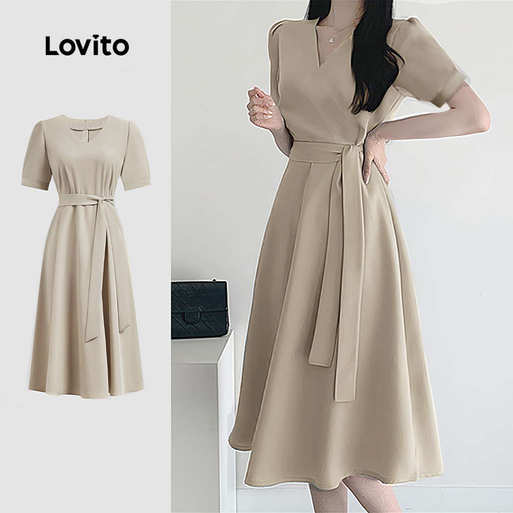 Lovito Vestido Casual liso plissado para mulheres L123ED759 em Oferta na Shopee