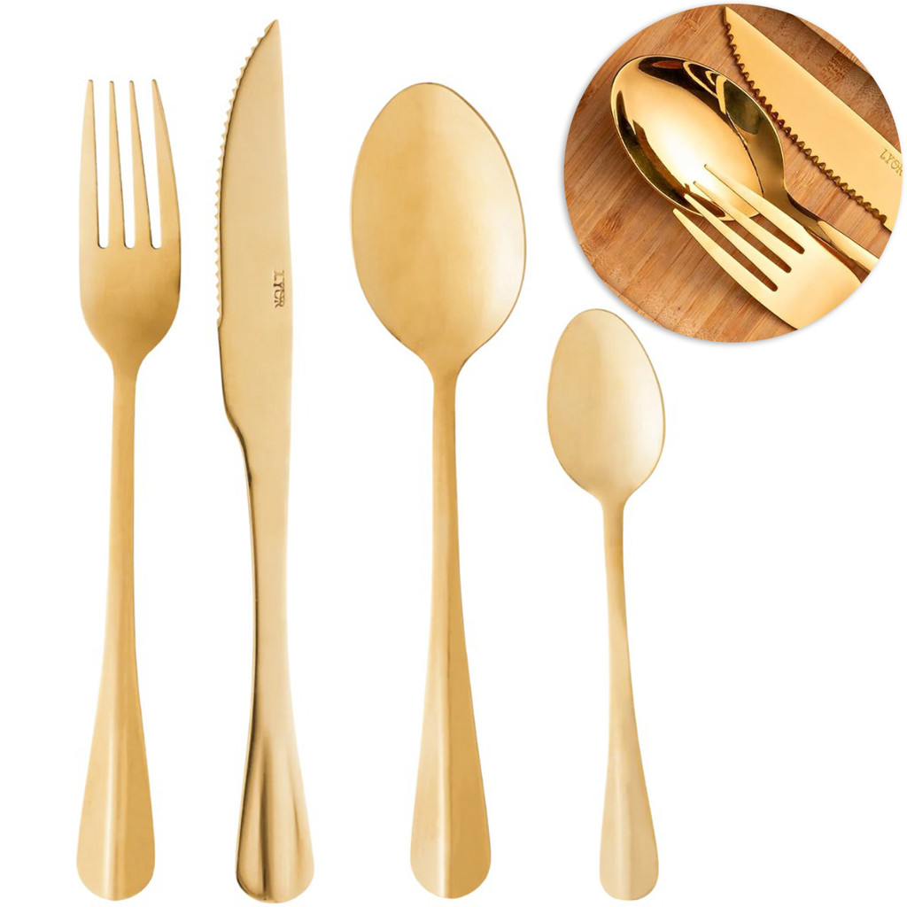 Jogo De Talheres Faqueiro Mesa 24 Peças Garfo Faca Colher Aço Inox Positano Dourado Luxo L...