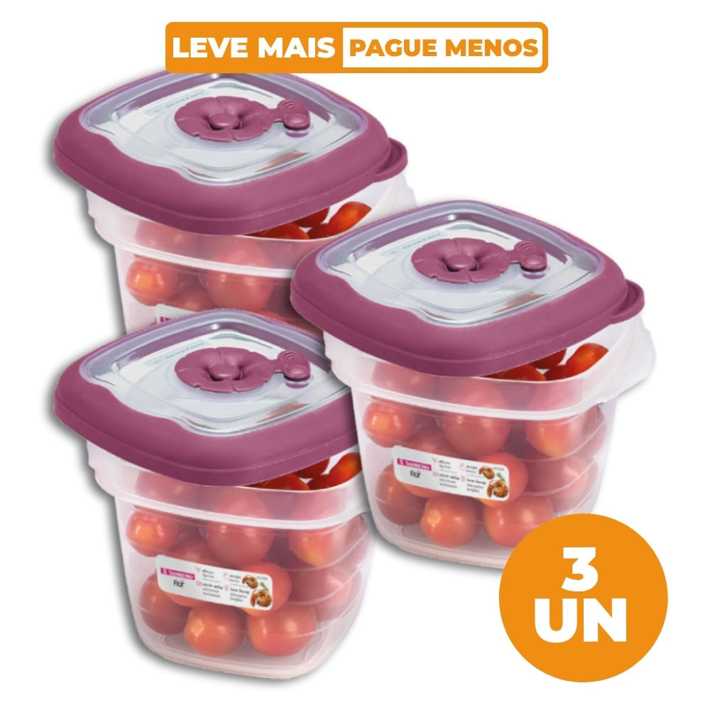 Kit 3 Potes Plásticos Quadrados Herméticos Açaí 450ml Flor Sanremo em Oferta na Shopee